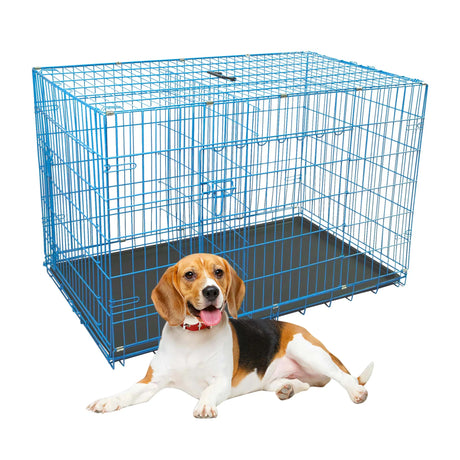 Durable Wire Dog Crate, Folding Metal Dog Kennel Double Door Dog Cage with Plastic Tray, Pet Crate for Large Dog Indoor Outdoor Travel (Blue, 36 Inch)