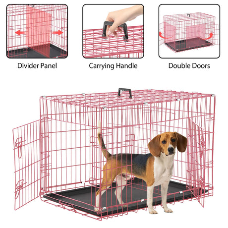 42 Inch Dog Crate, Dog Crates and Kennels Foldable Large Dog Crate for Large Dogs with Handle Double-Door Outdoor Metal Wire Dog Cage with Plastic Tray for Medium Dogs, Black