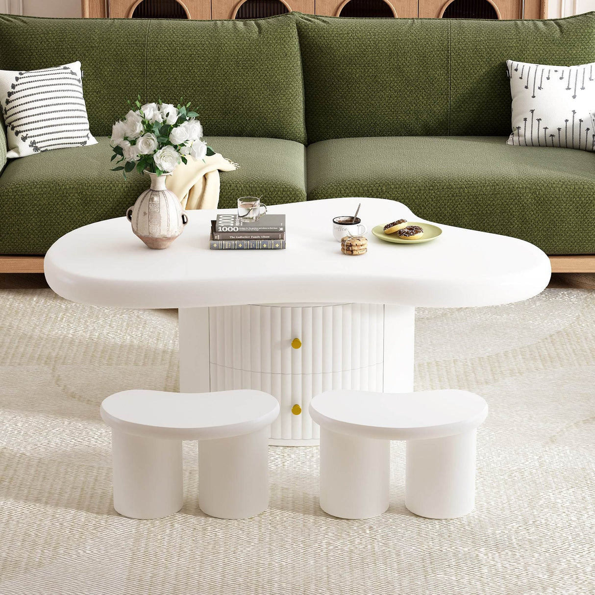 Cloud-Shaped Coffee Table With Stools And Drawers