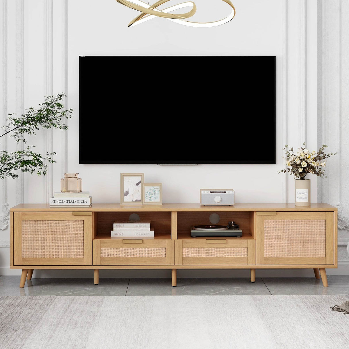 Modern Rattan TV Stand With Storage Cabinets - Sleep Galleria