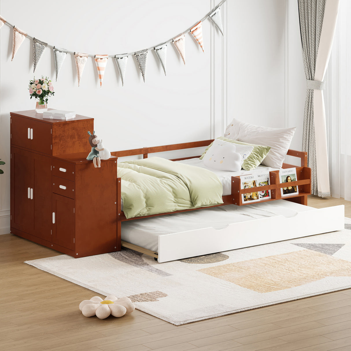 Twin Wood Platform Bed With Bookshelf Movable Wardrobe And Trundle