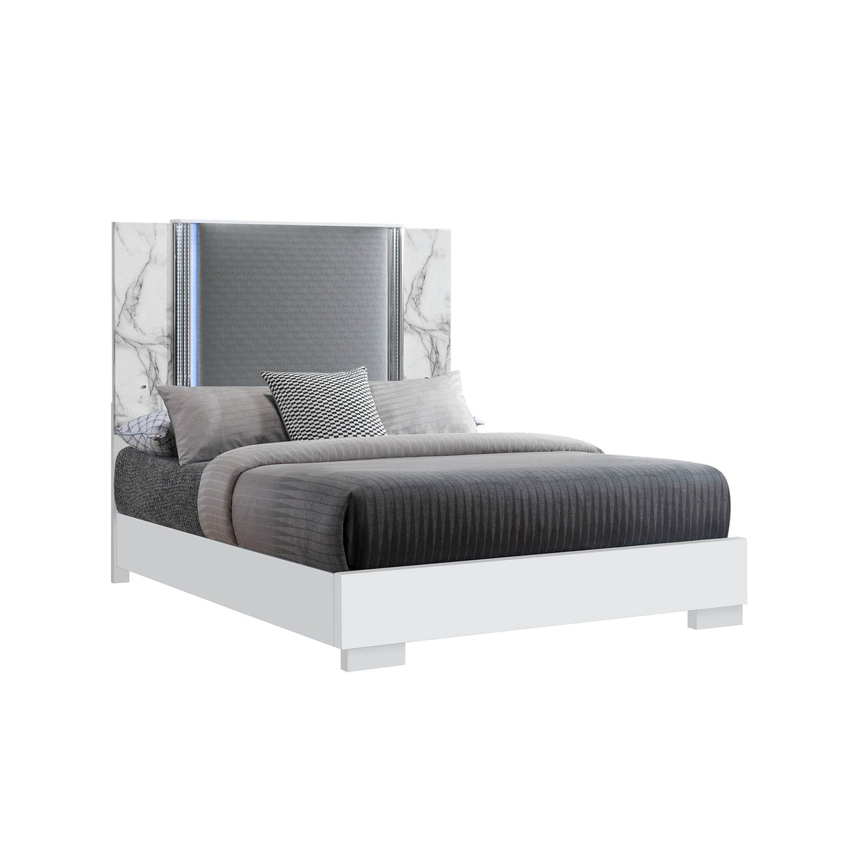 White Marble LED Accent Lighting Queen Bed Frame