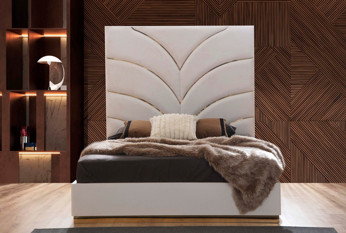 Contemporary White Velvet Upholstered King Bed Frame