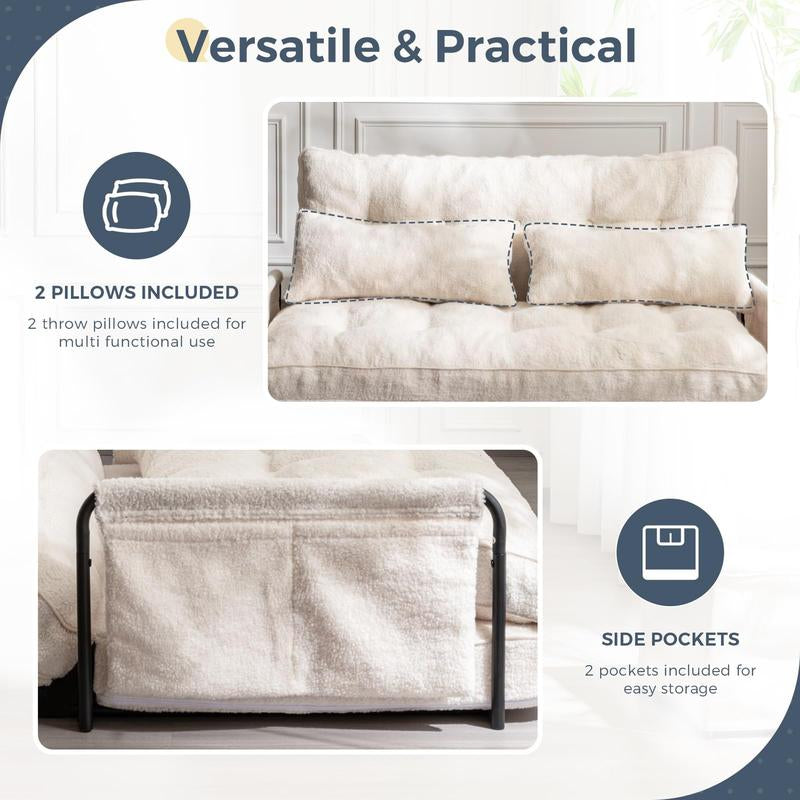 MAXYOYO Adjustable Floor Sofa Couch with 2 Pillows, Boucle Convertible Lazy Sofa Sleeper Bed with Armrest, Double Size, Living Room Furniture