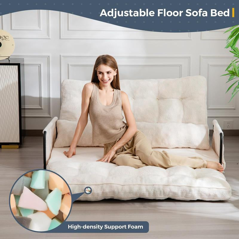 MAXYOYO Adjustable Floor Sofa Couch with 2 Pillows, Boucle Convertible Lazy Sofa Sleeper Bed with Armrest, Double Size, Living Room Furniture