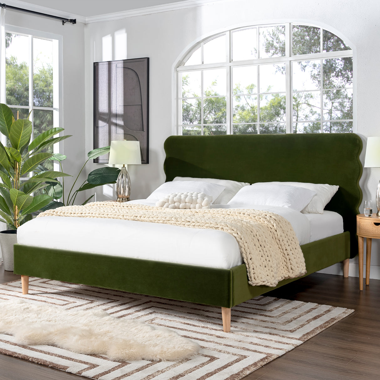 Modern Wavy Velvet Upholstered King Bed Frame