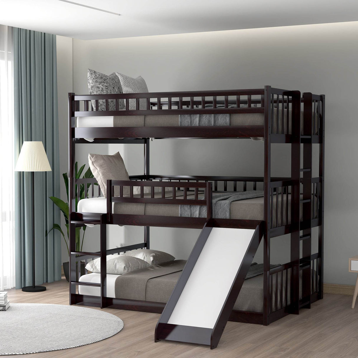 Full Triple Bed Solid Wood Built-In Ladder Slide