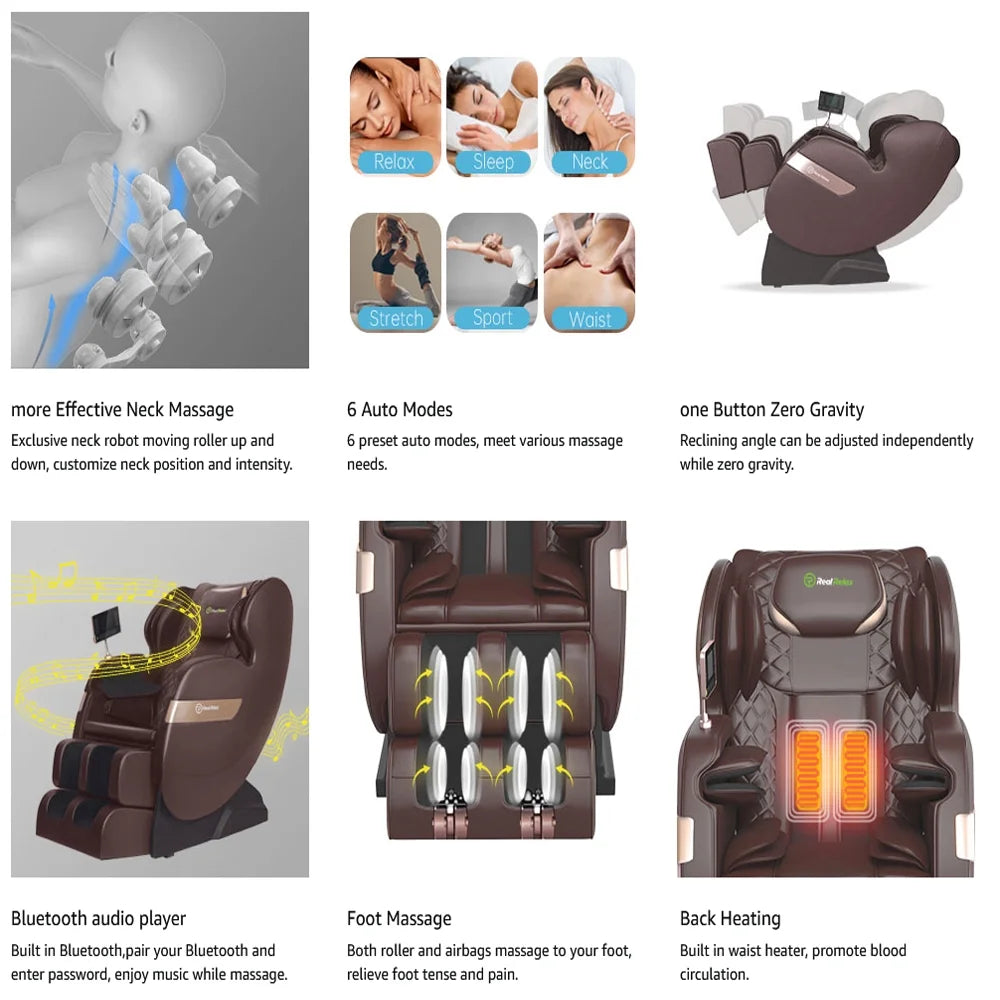 S Track Massage Chair, Full Body Zero Gravity Shiatsu Recliner with Smart Voice Controller, Brown