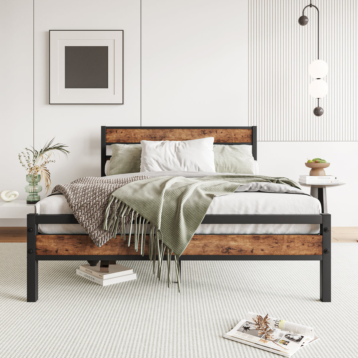 Full Full-Size Industrial Metal And Wood Platform Bed Frame