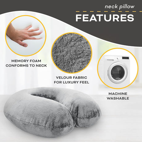 Travel Neck Pillow Memory Foam Airplane Travel Accessories Essentials Comfortable Washable Cover Plane Neck Support Pillow for Neck Pain Relief Sleeping Blue