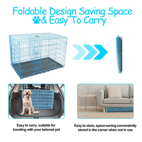 Durable Wire Dog Crate, Folding Metal Dog Kennel Double Door Dog Cage with Plastic Tray, Pet Crate for Large Dog Indoor Outdoor Travel (Blue, 36 Inch)
