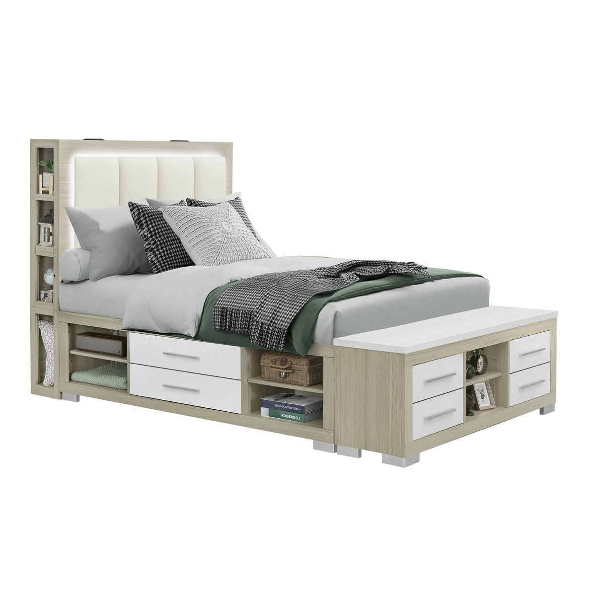 Full Rubber Wood Bed Frame With Bookcase Storage