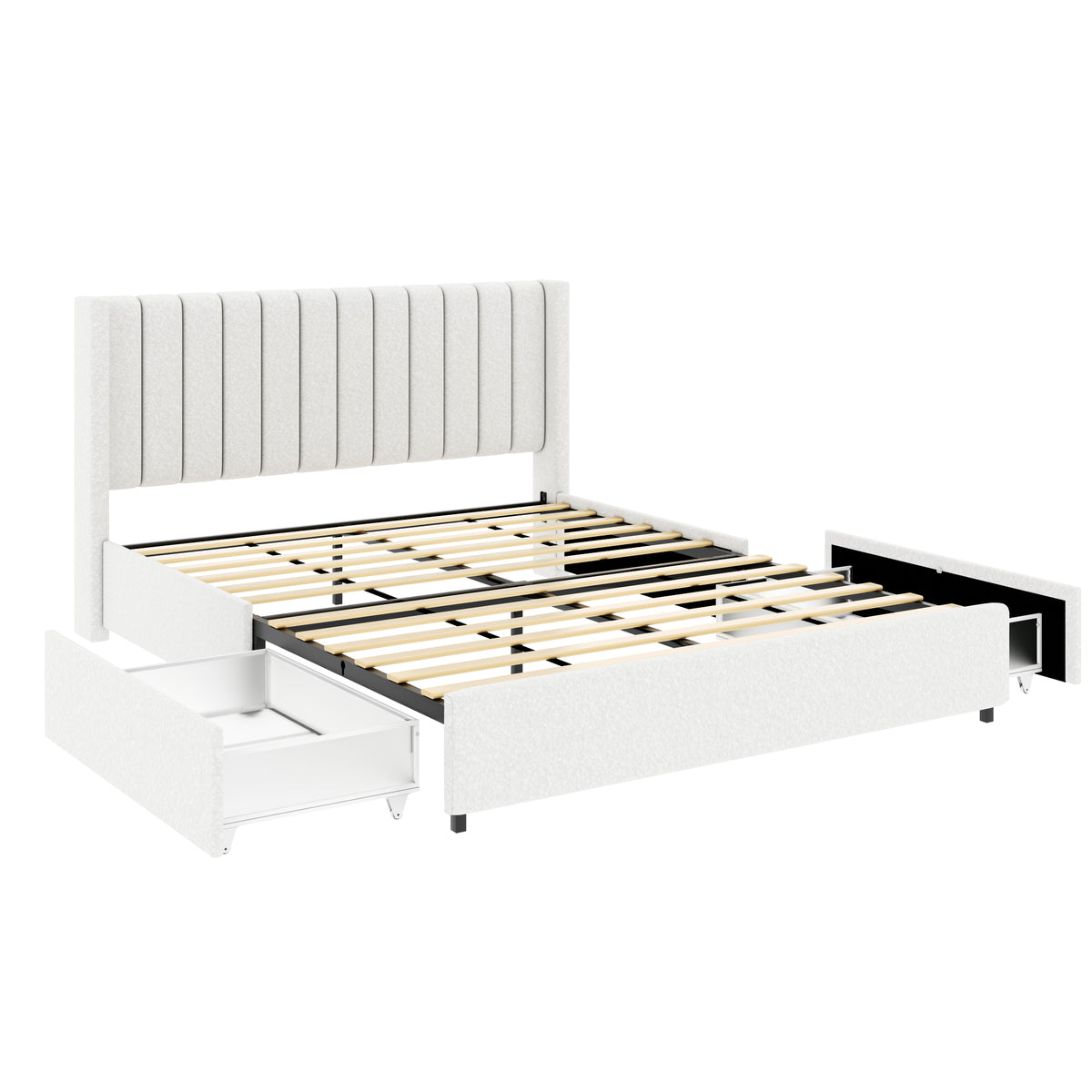 Queen Ivory Boucle Upholstered Bed Frame With Storage Drawers