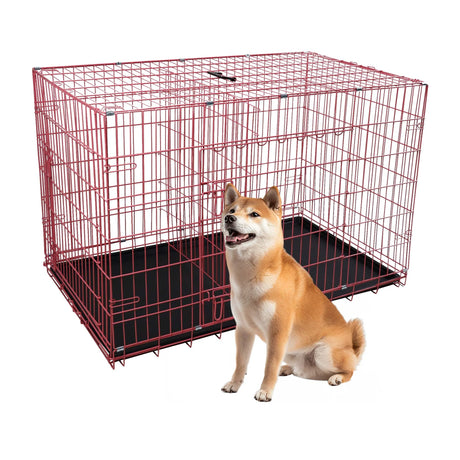 Durable Wire Dog Crate, Folding Metal Dog Kennel Double Door Dog Cage with Plastic Tray, Pet Crate for Large Dog Indoor Outdoor Travel (Blue, 36 Inch)