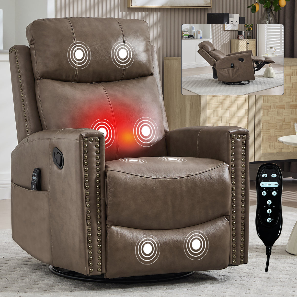Genuine Leather Medium-Firm Heat Massage Swivel Recliner Chair