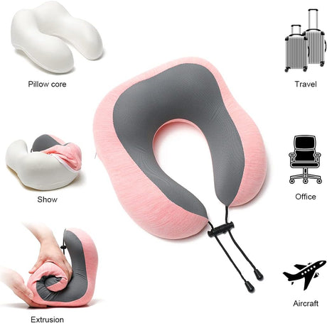 Travel Pillow Memory Foam Neck Pillow, Skin-Friendly and Breathable Pillowcase with 3D Eye Mask, Earplugs and Portable Storage Bag, Suitable for Airplane, Train and Home Use