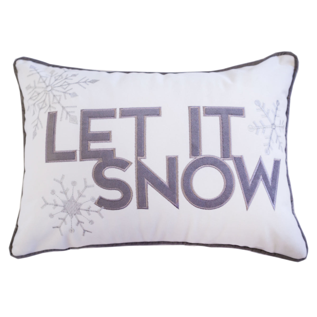 White Velvet Embroidered Let It Snow Lumbar Pillow 14x20