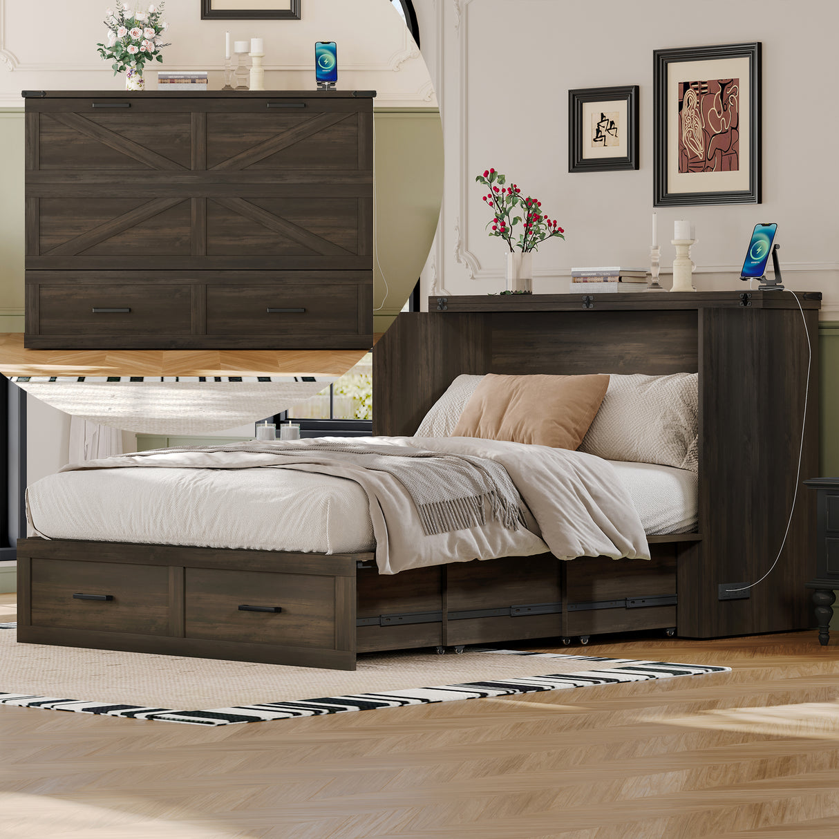 Full Full-Size Farmhouse Murphy Cabinet Bed With Charging Station