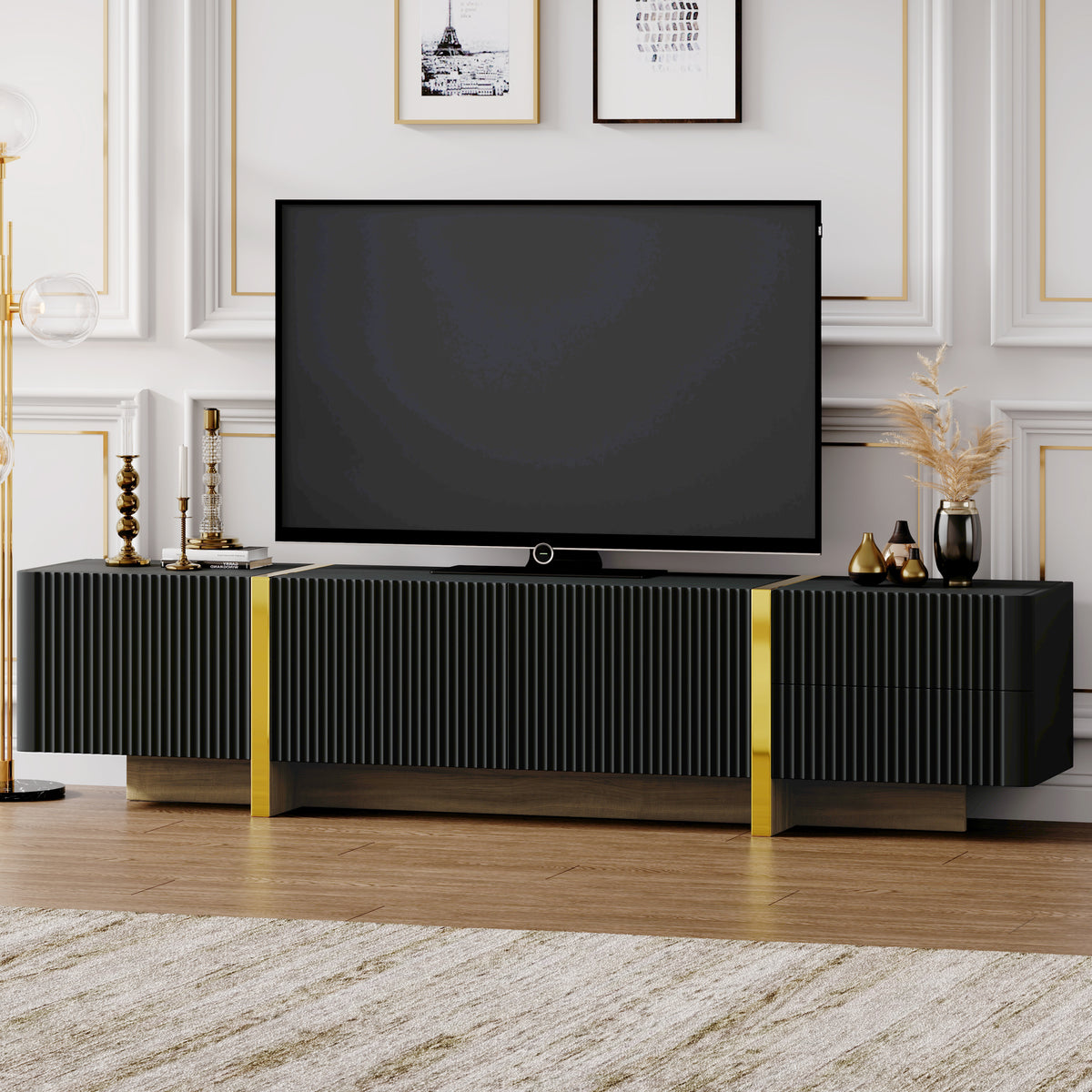 Luxury Fluted Black And Gold TV Stand With Storage