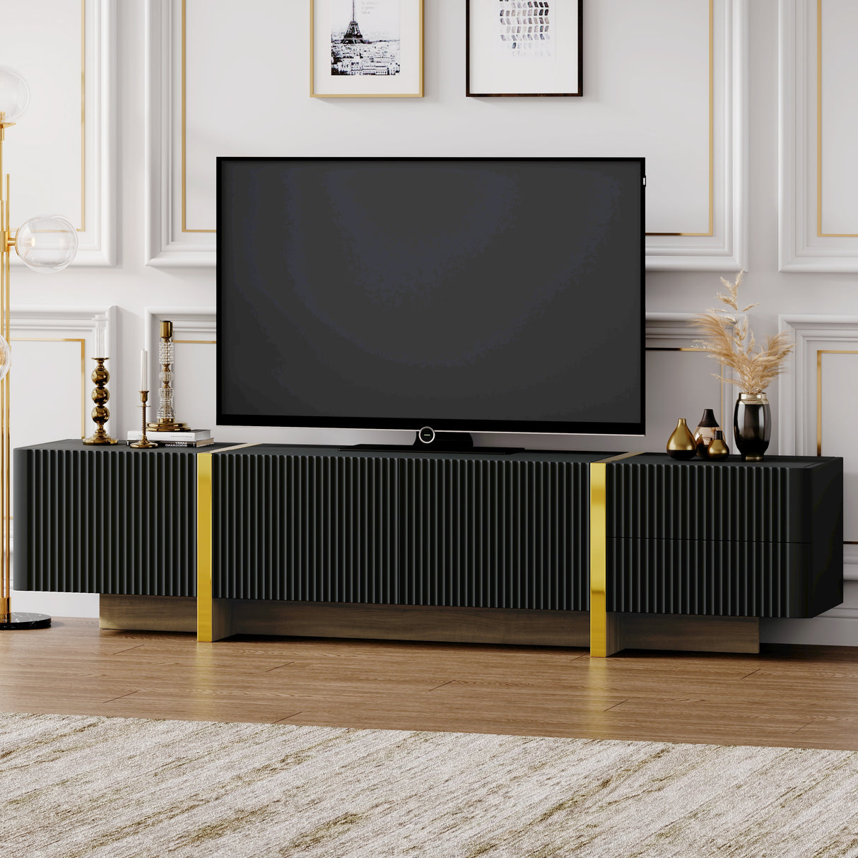 Luxury Fluted Black And Gold TV Stand With Storage