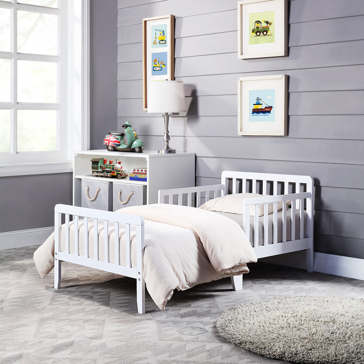Solid Wood White Toddler Bed With Safety Rails