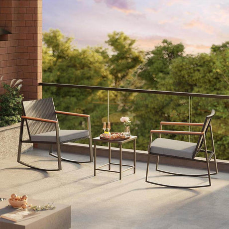 Gizoon 3 Pieces Rocking Patio Bistro Set with Anti-Scald Armrest, Outdoor Patio Wicker Furniture Set with Glass Table and Cushion for Garden, Yard, Porch Swing Chair Durable