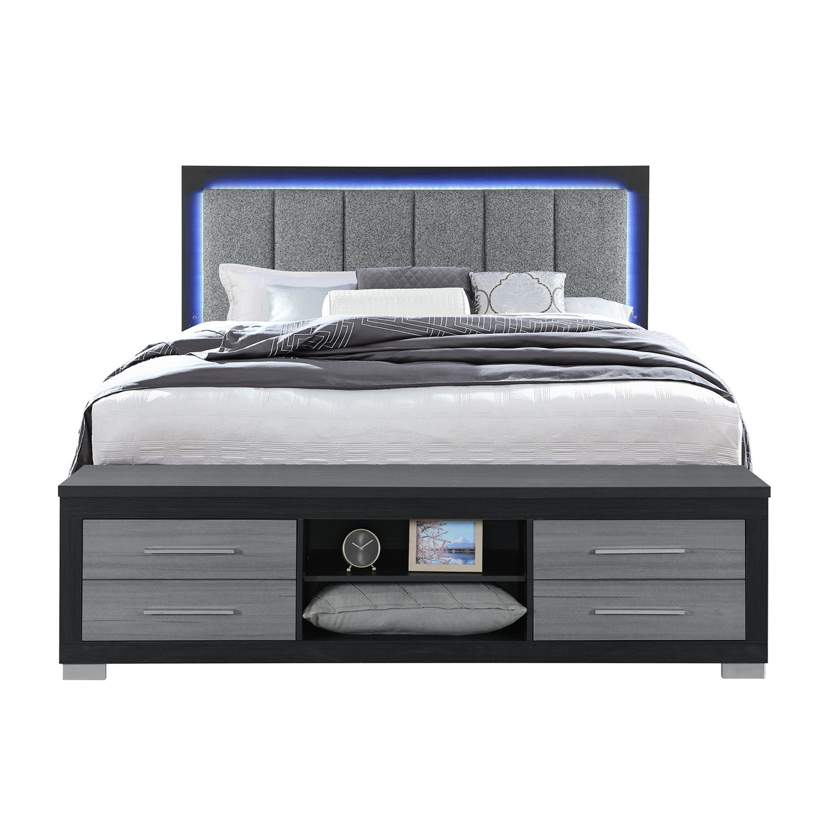 Queen Modern Rubber Wood Panel Bed With Bookcase Storage