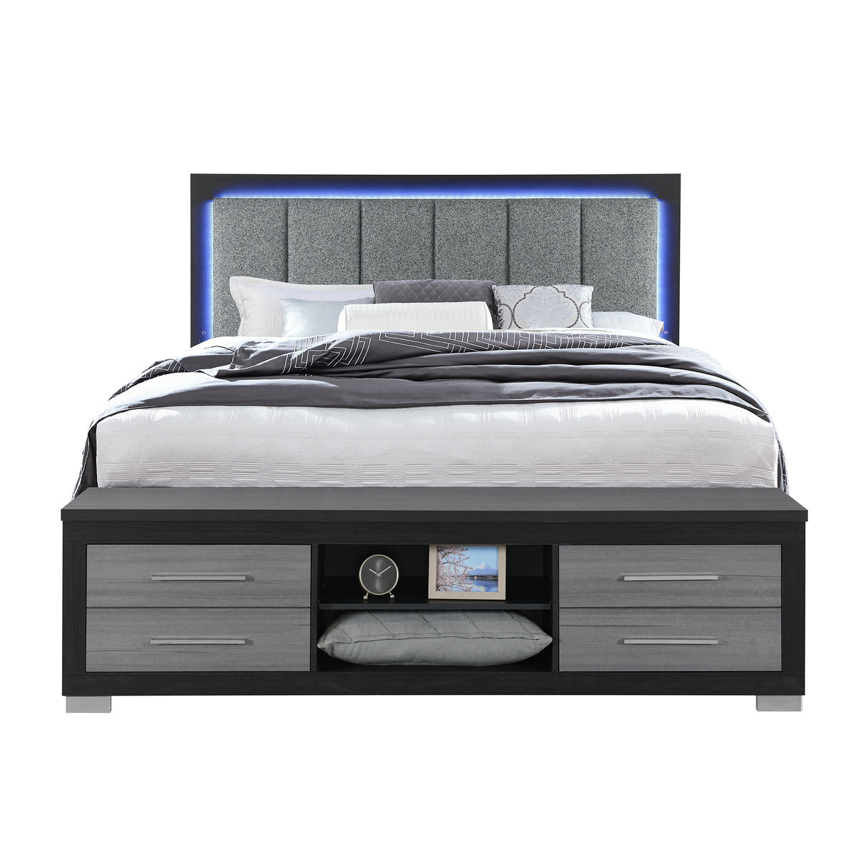 Queen Modern Rubber Wood Panel Bed With Bookcase Storage