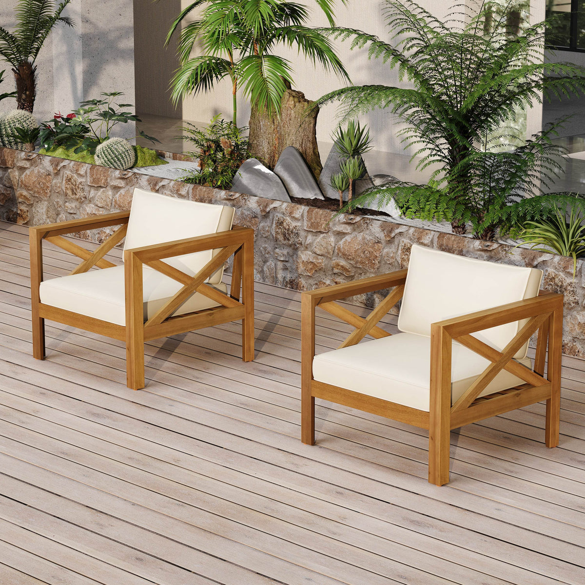 Set Of 2 Outdoor Acacia Wood Club Armchairs With Cushions