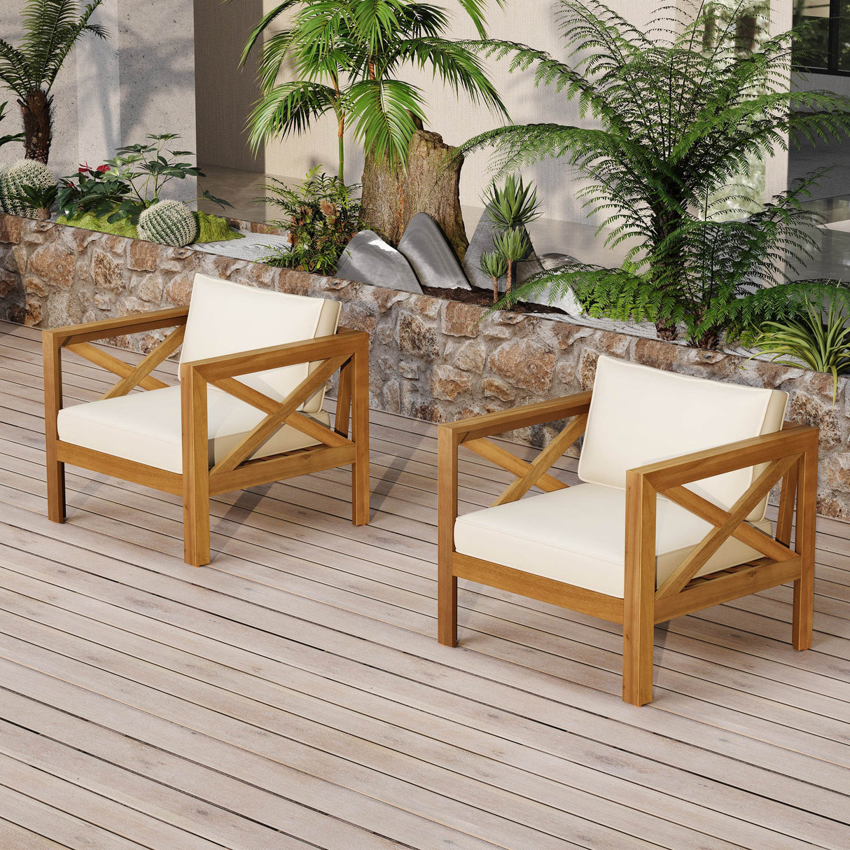 Set Of 2 Outdoor Acacia Wood Club Armchairs With Cushions
