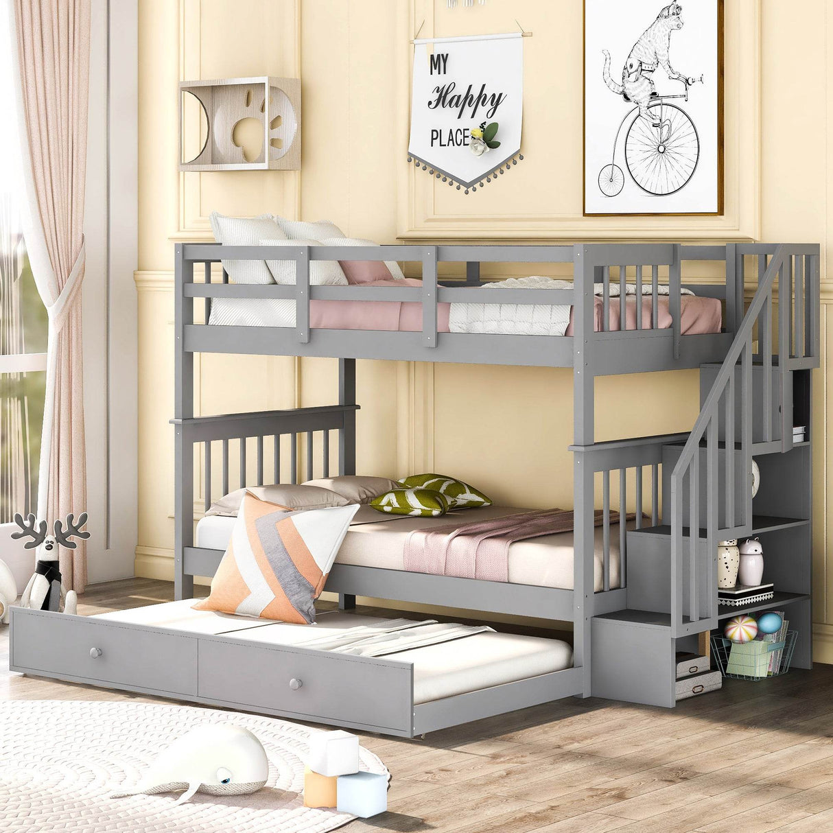 Stairway Twin-Over-Twin Solid Wood Bunk Bed With Trundle