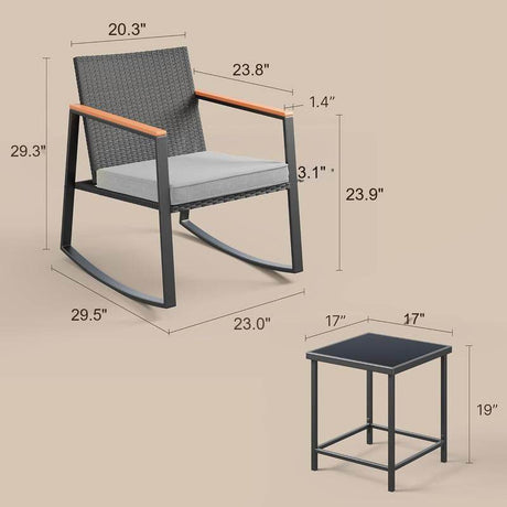 Gizoon 3 Pieces Rocking Patio Bistro Set with Anti-Scald Armrest, Outdoor Patio Wicker Furniture Set with Glass Table and Cushion for Garden, Yard, Porch Swing Chair Durable