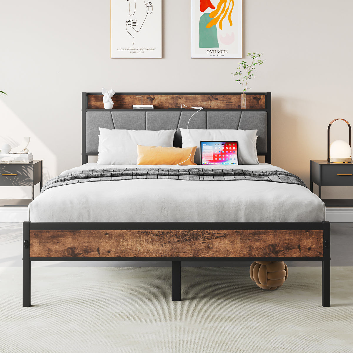 Full Metal And Wood Full Bed Frame With Charging Station