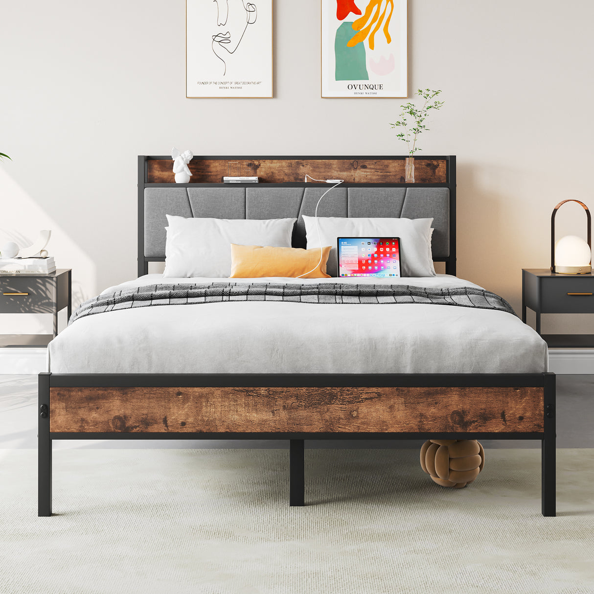 Full Metal And Wood Full Bed Frame With Charging Station