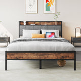 Full Metal And Wood Full Bed Frame With Charging Station