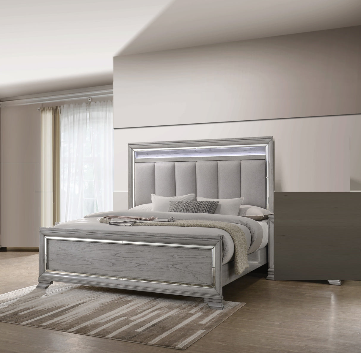 Queen Modern Glam Upholstered Bed Frame With LED Light