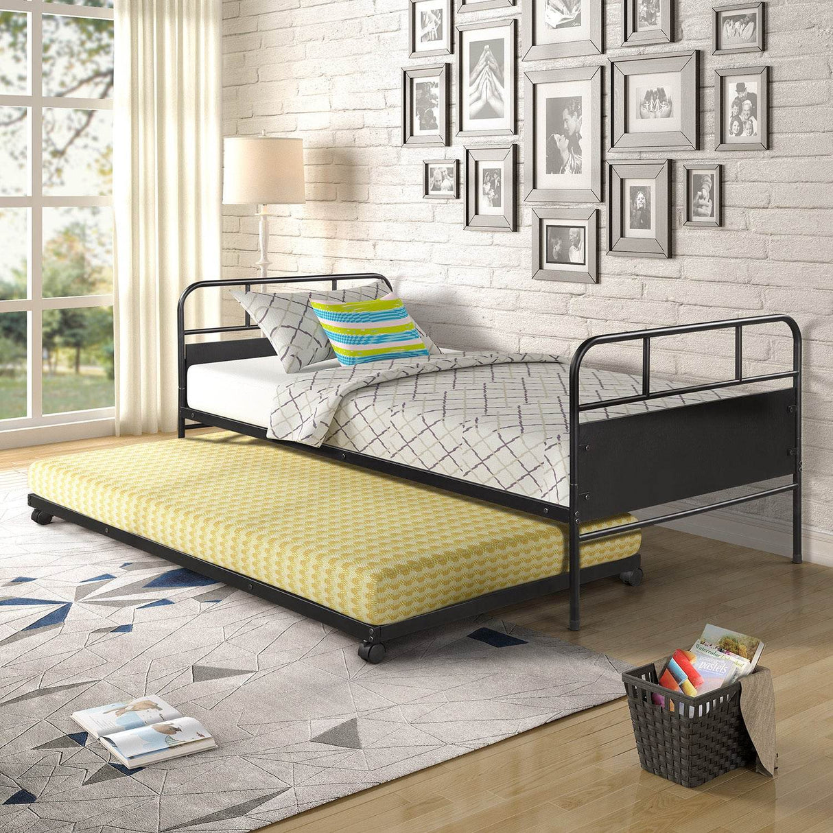 Twin Metal Daybed Frame With Trundle Built-In Casters