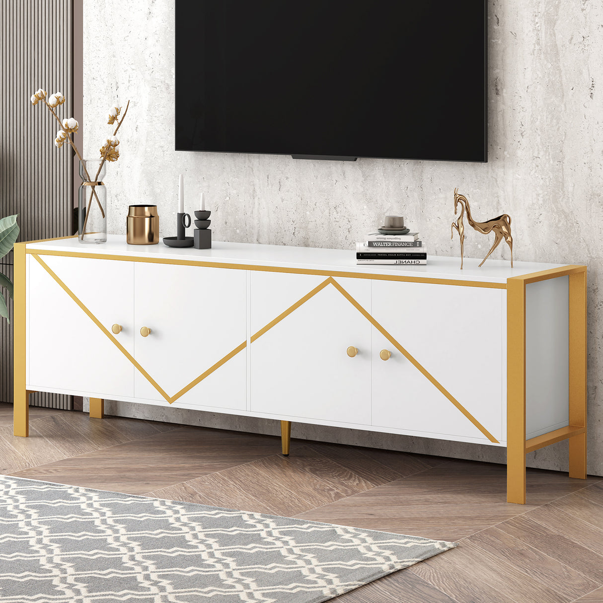 Modern Minimalist White MDF Metal TV Stand With Cabinets