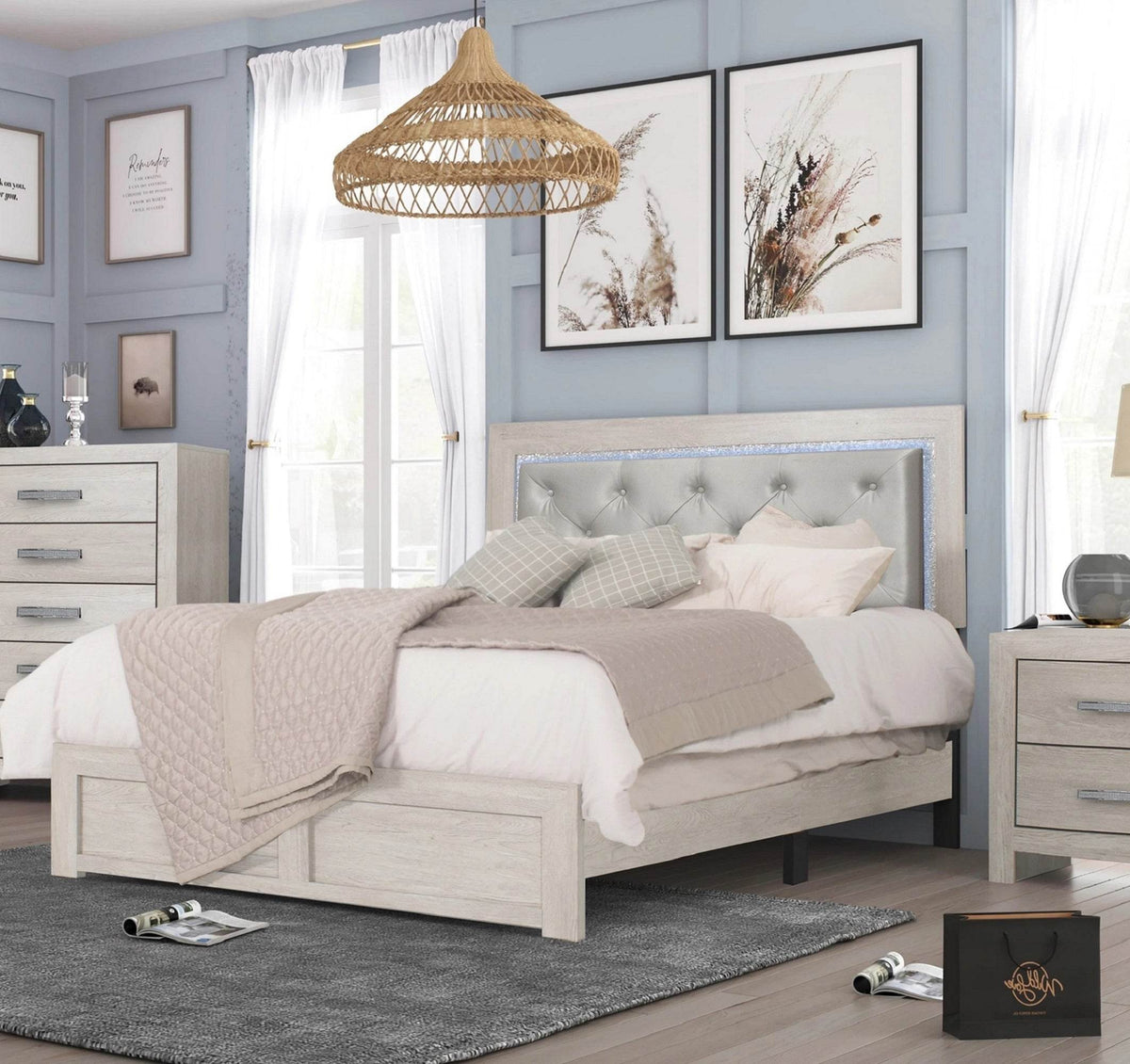 Modern King Panel Bed With LED Upholstered Headboard