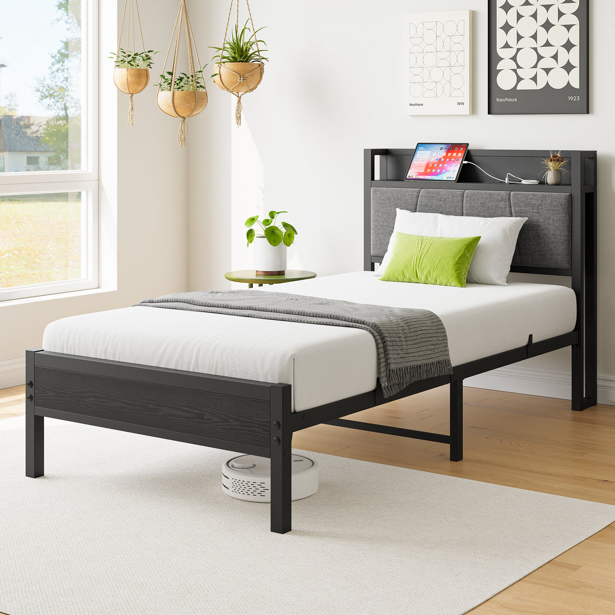Twin Metal Wood Bed Frame With Storage Headboard Charging
