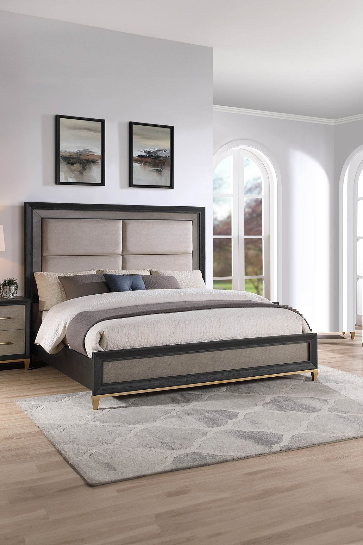 Queen Upholstered Panel Bed With Wood Frame