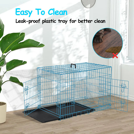 Durable Wire Dog Crate, Folding Metal Dog Kennel Double Door Dog Cage with Plastic Tray, Pet Crate for Large Dog Indoor Outdoor Travel (Blue, 36 Inch)