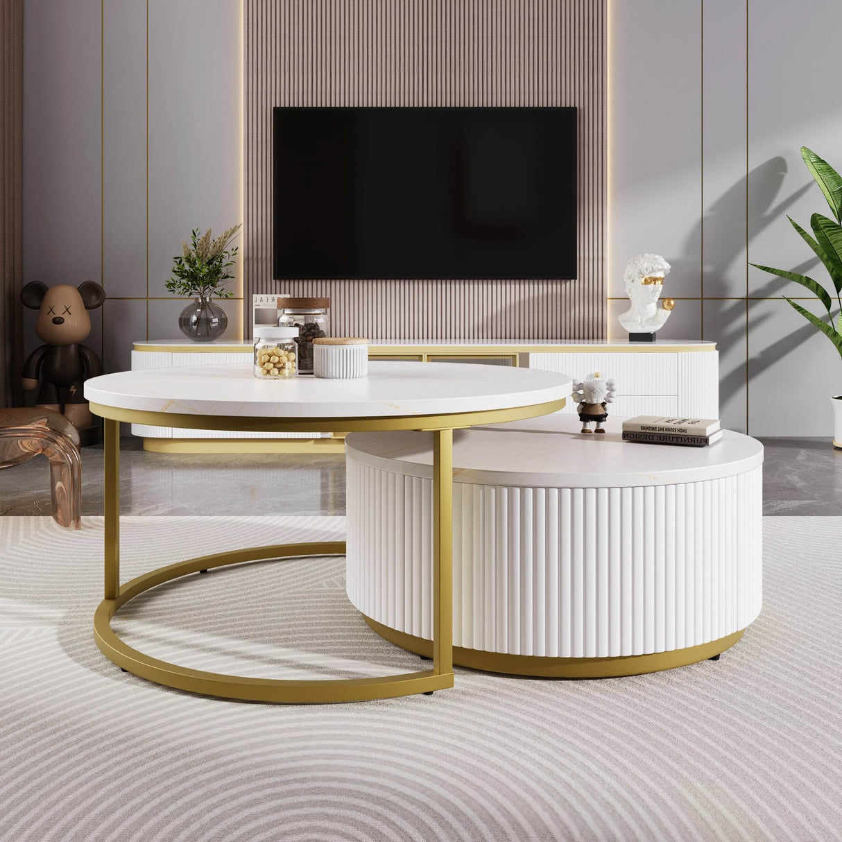 Modern Round Nesting MDF Coffee Table With Drawer