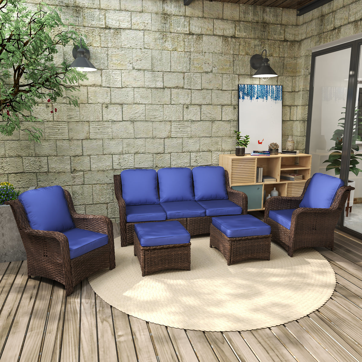 Outdoor Furniture Set Rattan 3-Seat Couch 2 Chairs 2 Ottomans