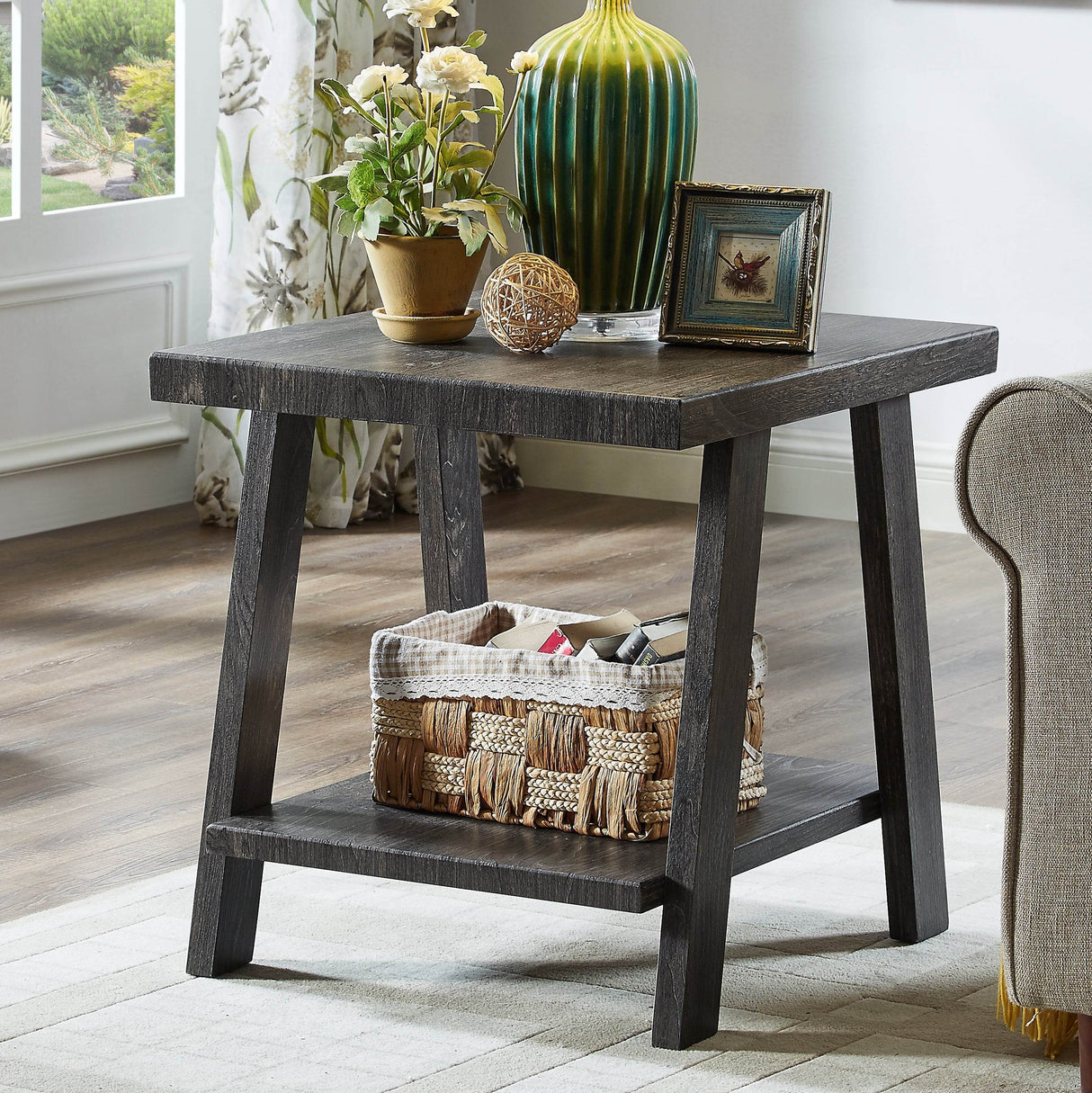 Contemporary Wood Shelf Coffee Table Set Charcoal Finish - Sleep Galleria