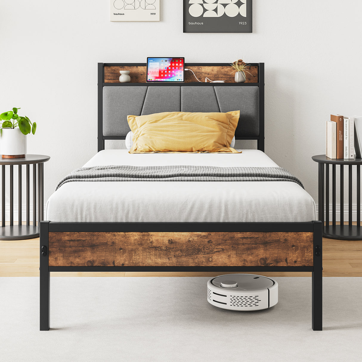 Twin Metal Wood Bed Frame With Storage Headboard
