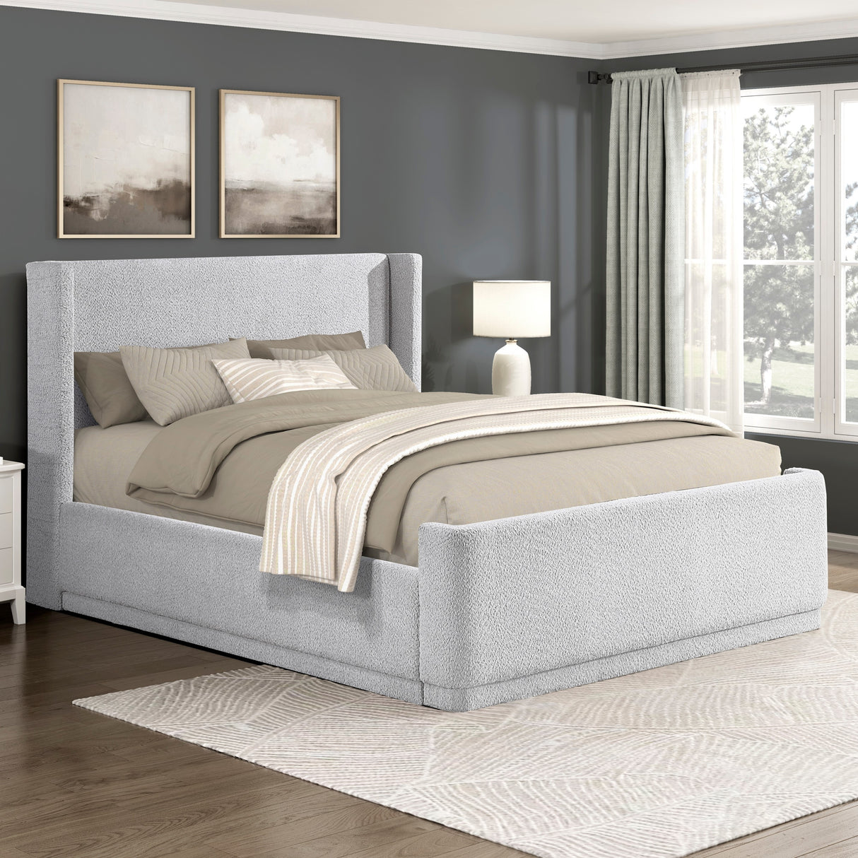 Queen Light Gray Wingback Upholstered Plywood Platform Bed