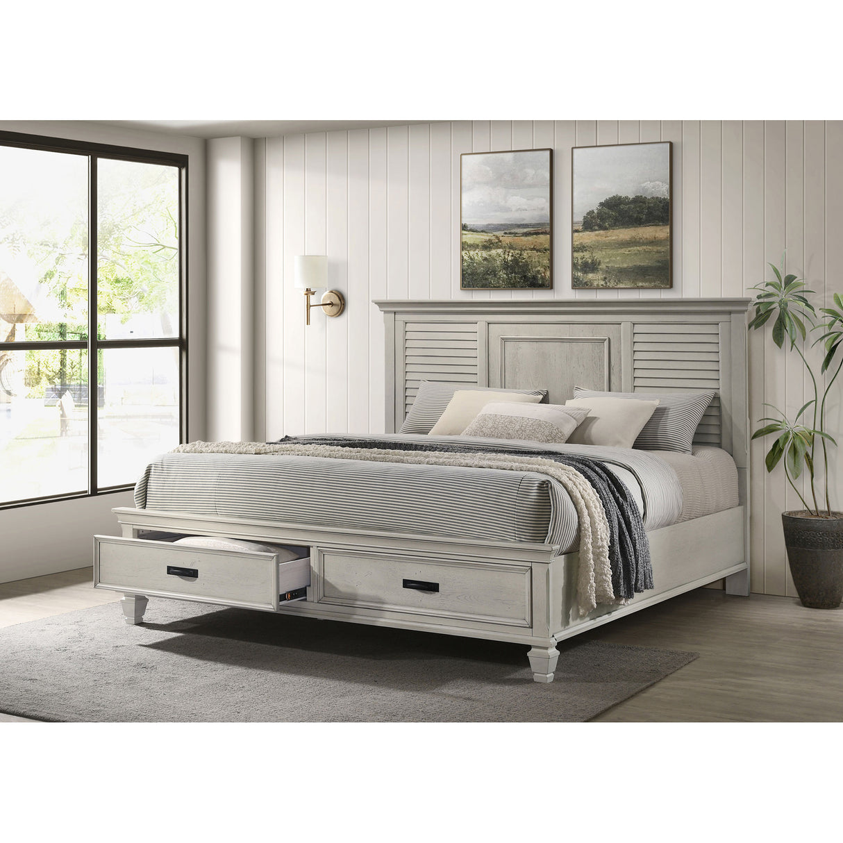 King Farmhouse Panel Wood Storage Bed Frame