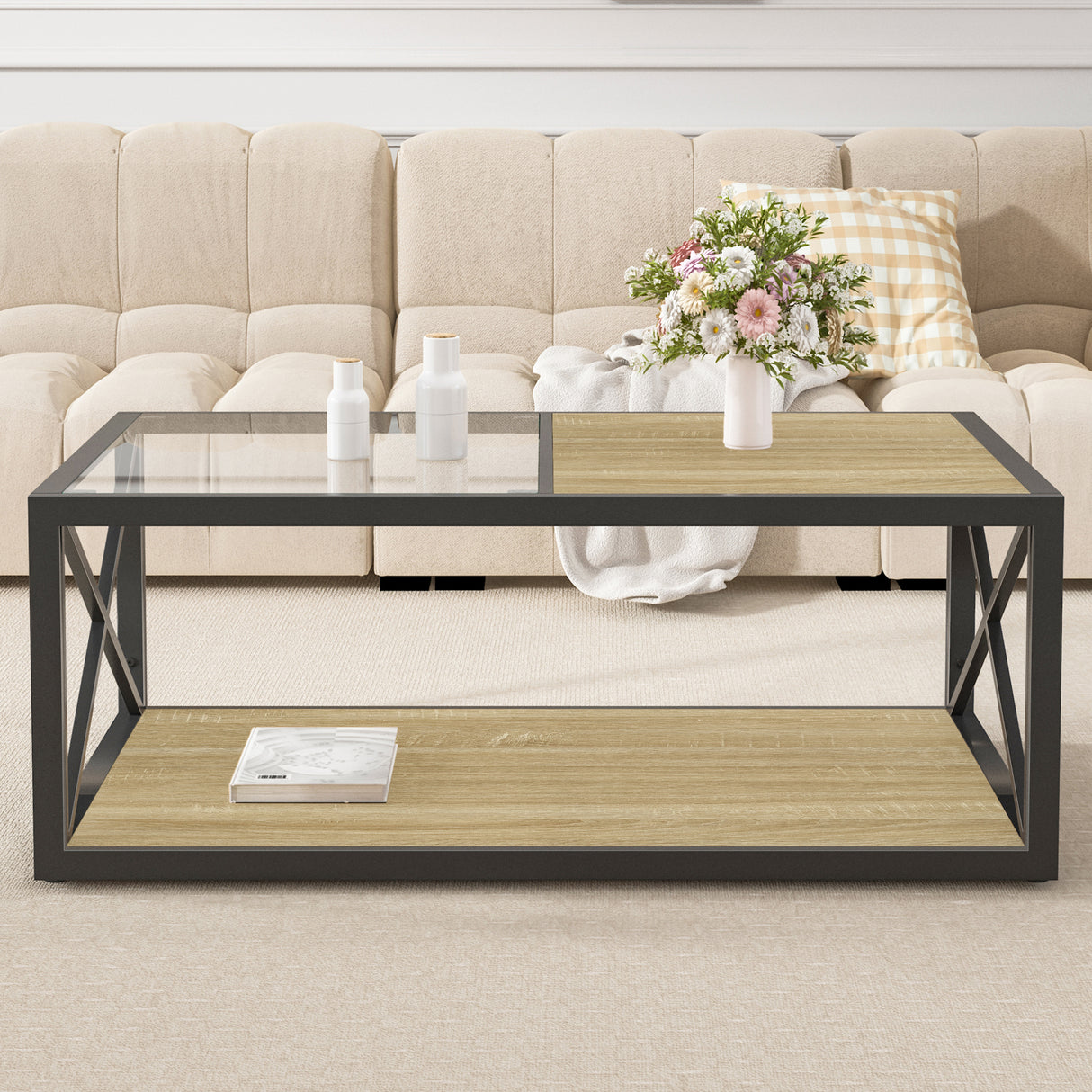 Industrial Glass And Natural Wood Modern Coffee Table