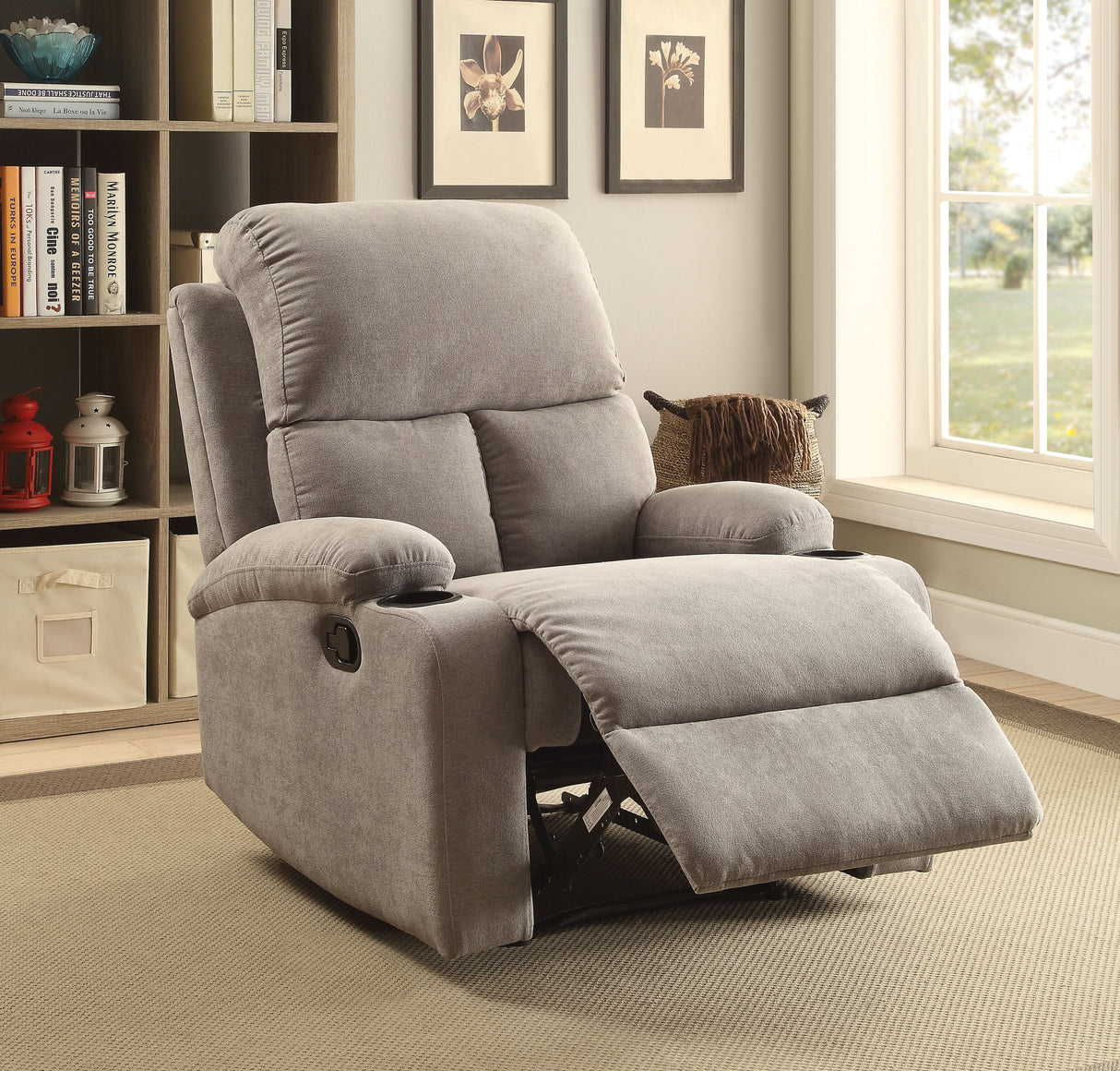 Grey Linen Manual Reclining Chair With Pillow Top Arms